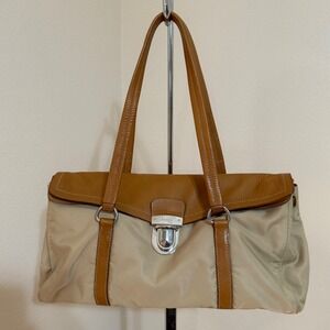 Vintage Y2K Prada Bowler Push Lock Easy Shoulder Bag Beige Tan Nylon Leather